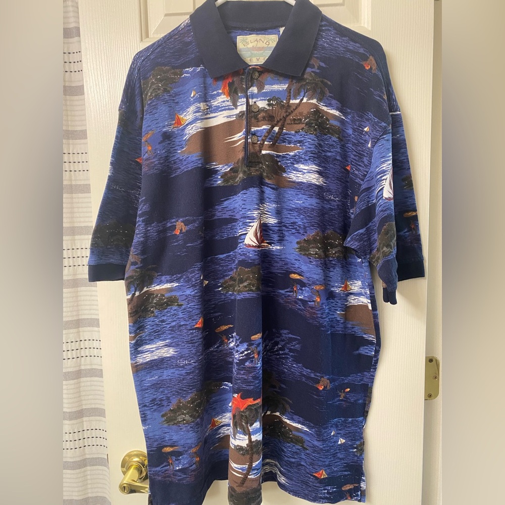 Island Fever Navy Nautical Print Polo Shirt Size Large